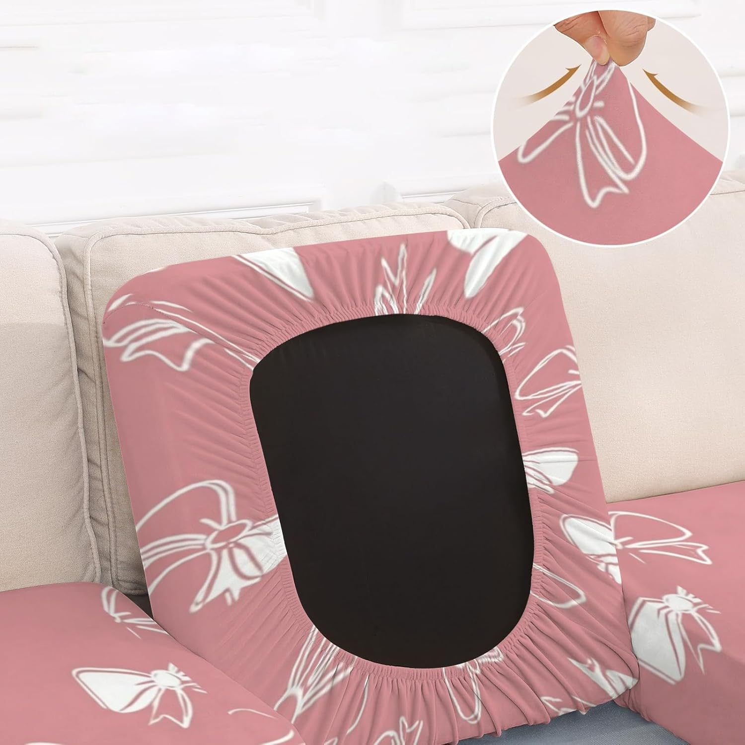 Soft Pink White Bows Loveseat Covers Couch Covers for 2 Cushion Couch, 2-Piece Stretch Sofa Slipcovers Anti-Slip Washable Furniture Protectors for Dogs Pets