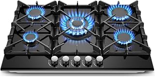 Amzgachfktch 30 Inch Gas Cooktop 5 Burners NG/LPG Convertible Black Tempered Glass with Thermocouple Safety