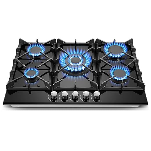 Gas Cooktop 30 Inch, Amzgachfktch 5 Burners Gas Stove, Built-in NG/LPG Convertible Gas Stove Top, Black Tempered Glass Propane Cooktop with Thermocouple Protection