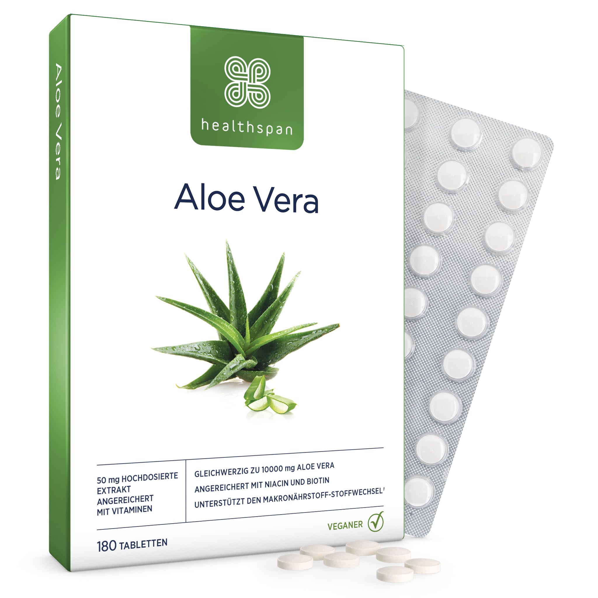 Healthspan Aloe Vera 10.000 mg (180 Tabletten) | Unterstützt den normalen Stoffwechsel | Reines Aloe-Vera-Gel | Trägt zu einem normalen Immunsystem bei | Mit B-Vitaminen | Vegan