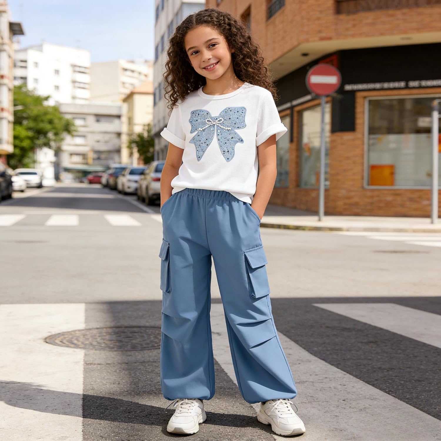 Girls Clothes 2 Piece Cute Butterfly Print T-Shirt Tops & Cargo Pants Spring Summer Outfits Teen Tween Girls 9-14Y Blue 7-8 Years image 4 of 8 B0GKFG5RC3