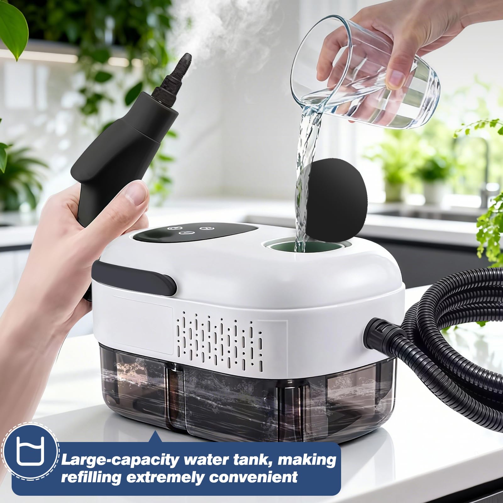 Limpiador a vapor, 2500 W, 3 bar, dispositivo de mano para el hogar, 6 niveles ajustable, con depósito de 1 l y 3 cabezales de cepillo para cocina, ventanas, suelos, azulejos, sofá y coche