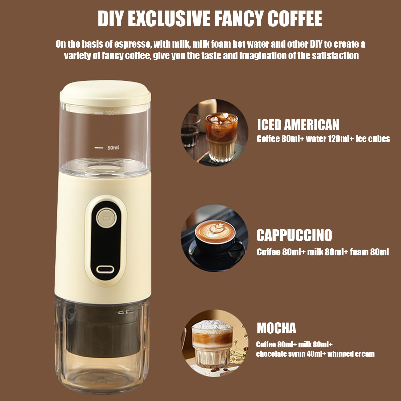 Kouamor Cafetera espresso portátil inalámbrica, cafetera de camping, autocalentamiento con USB-C, pequeña cafetera portátil compatible con café molido y cápsula NS (blanco)