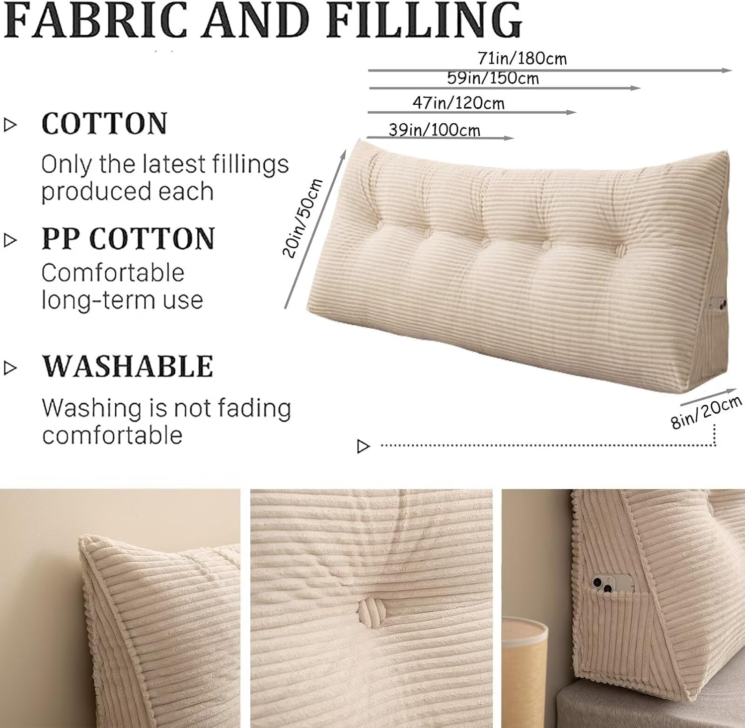 Headboard Wedge Pillow for Reading, Triangular Backrest Cushion with Removable Cover, Large Bolster Support for Twin/Queen/King Size Bed, Comfortable Dorm Daybed Pillow,Twin：39×8×20″,Dark Gray