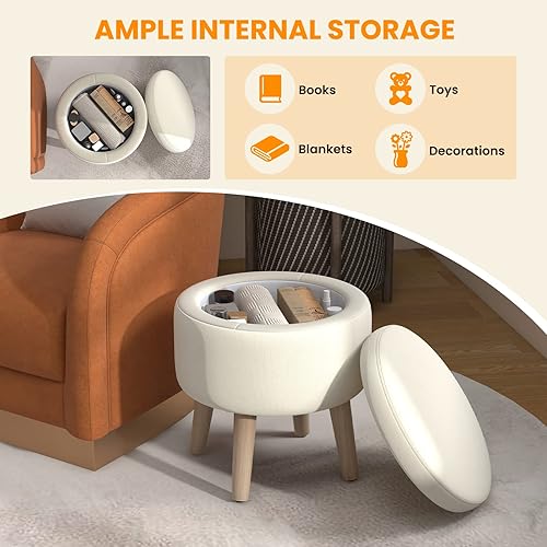 Miniatura 4 de GORELAX Otomana redonda de almacenamiento, reposapiés de 19 pulgadas de alto con bandeja, asiento reposapiés con tapa extraíble, patas de madera