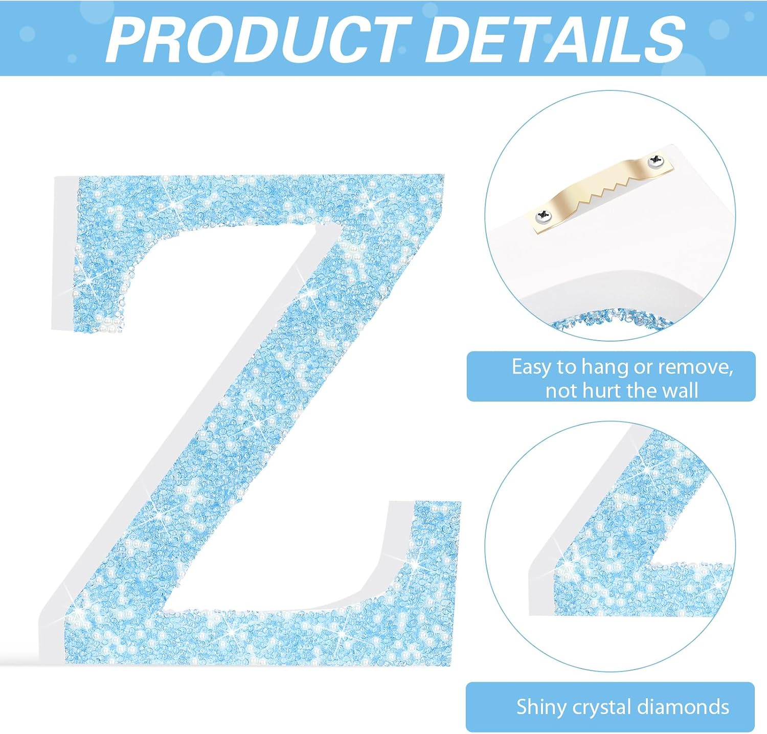 8 Inch Blue Rhinestone Bling Letters Glitter Crushed Diamond Decor,Letter Z image 3