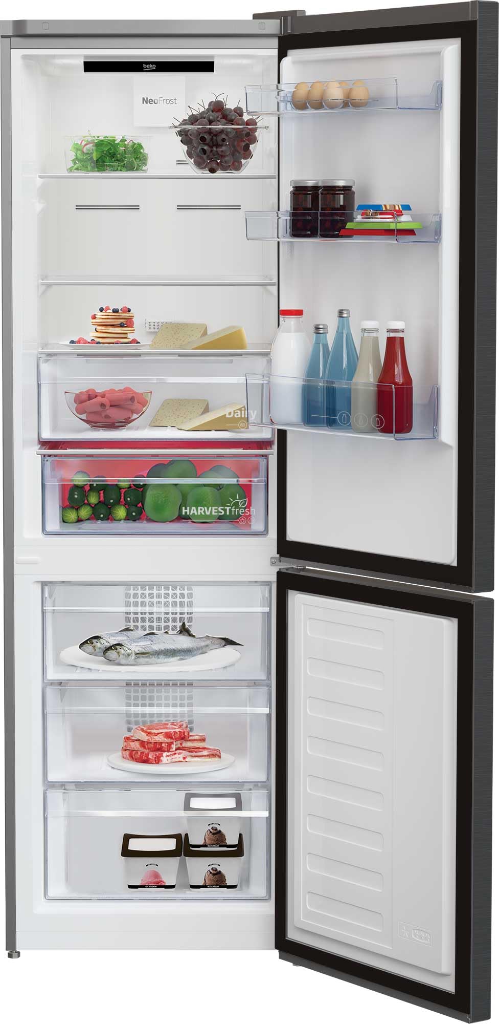 Beko RCNE366E70ZXBRN Réfrigérateur combiné - 323L, NoFrost, Smooth Fit, 3 tiroirs de congélation, Zone 0°C, HarvestFresh, Alarme de porte, Dark Inox, Classe B