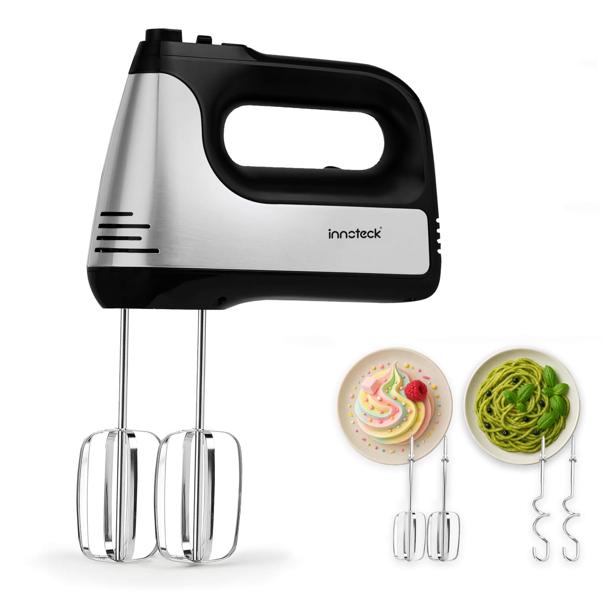 – Innoteck Hand Mixer with Stainless Steel Attachments 6 Speed Turbo Button 400W Electric Whisk for Kitchen Baking Handheld Egg Beater for Whipping Dough Cream