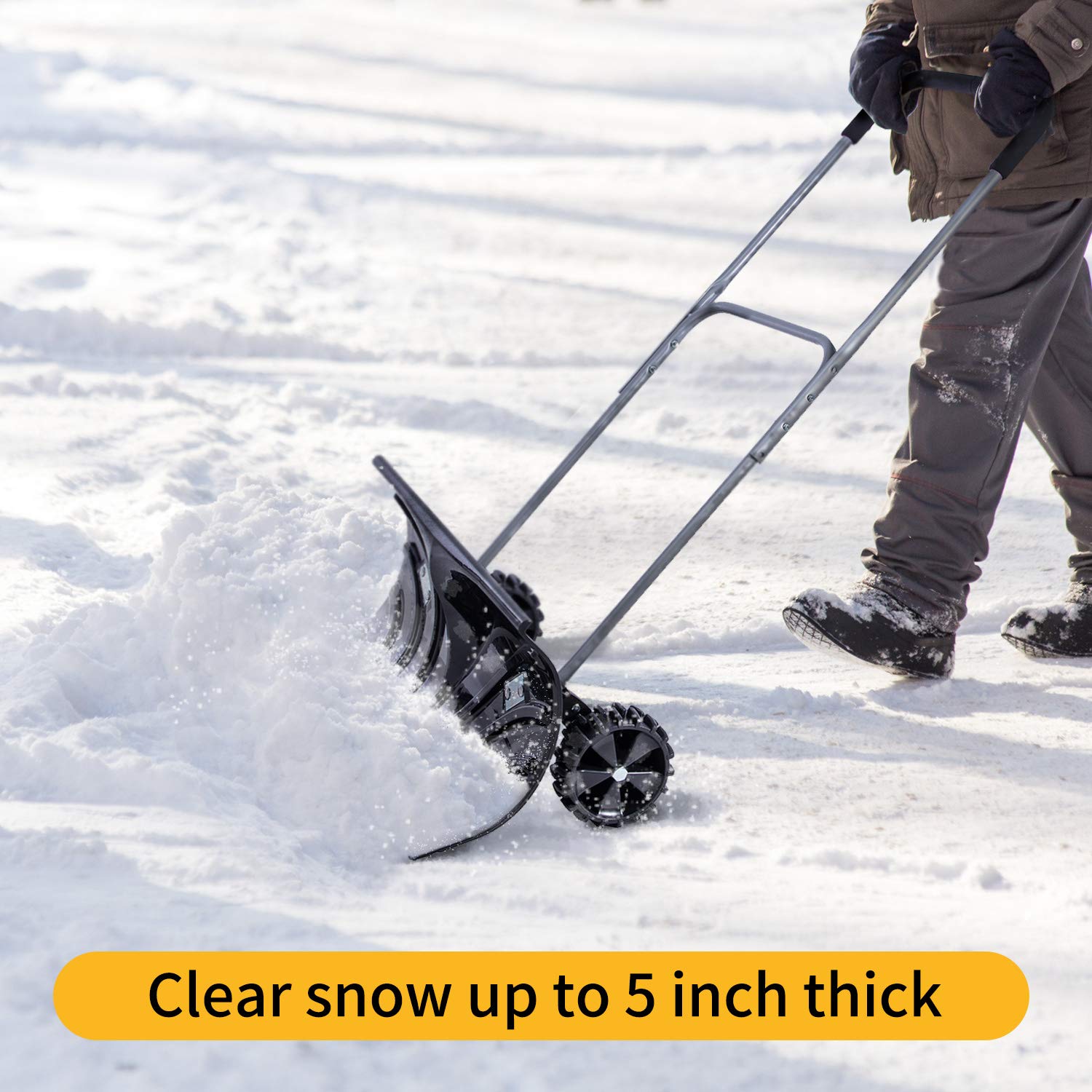 Sunkorto Rolling Snow Pusher, Heavy Duty Snow Plow Shovel with Wheels