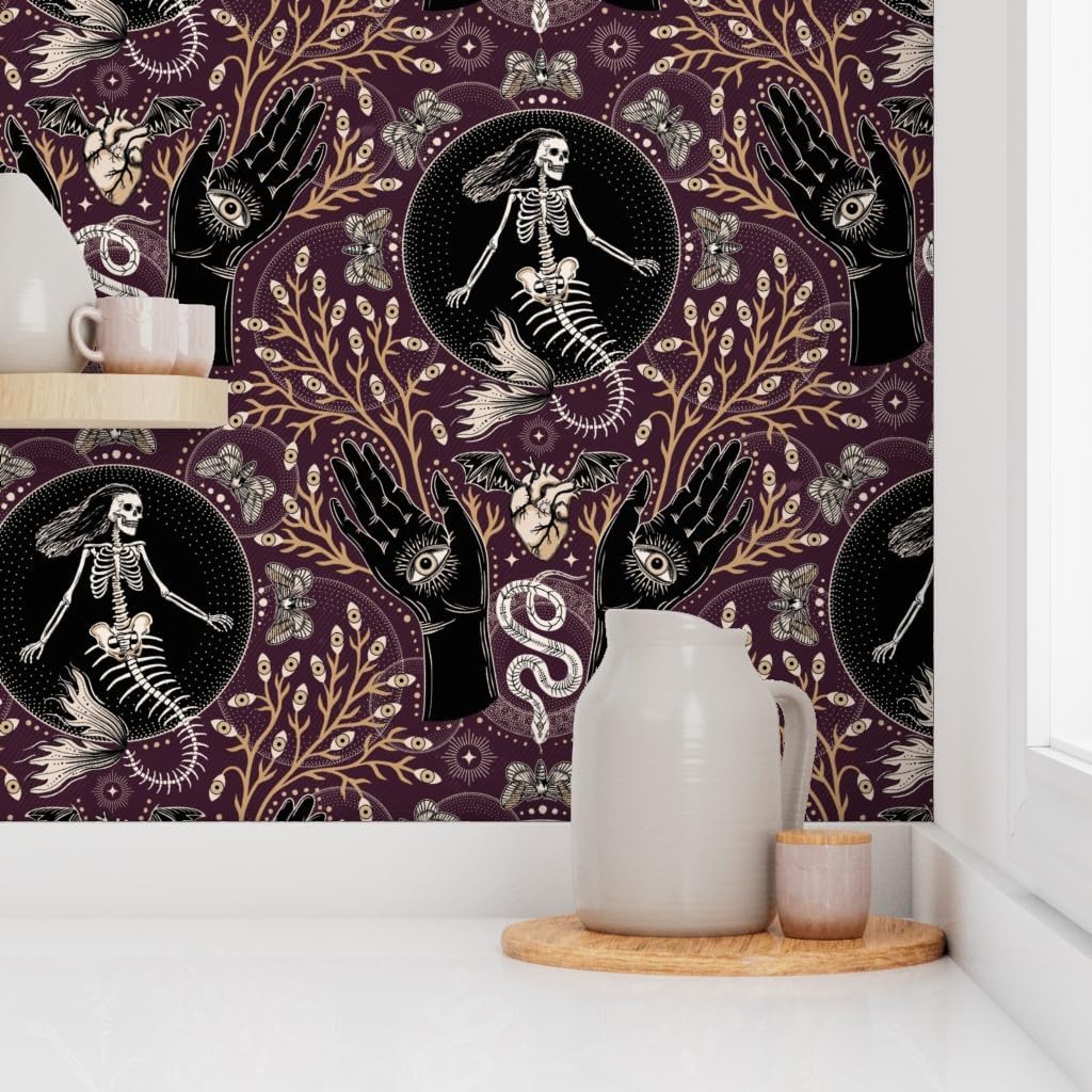 Spoonflower Peel & Stick Wallpaper 3ft x 2ft - Mermaid Skeleton Spooky Hands Eyes Snake Scary Plants Moths Large Plum Purple Gothic Fantasy Custom Removable Wallpaper