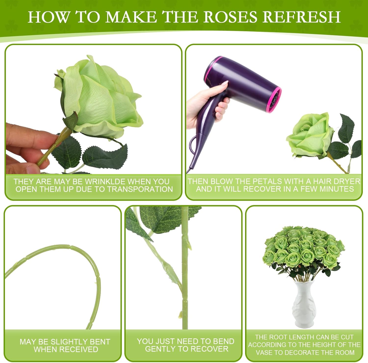 Hananona Artificial Roses in Bulk, Fake Silk Roses Realistic Green Roses for Wedding Centerpieces Flower Arrangement St Patricks Day Home Decor (50, Light Green) - Image 3