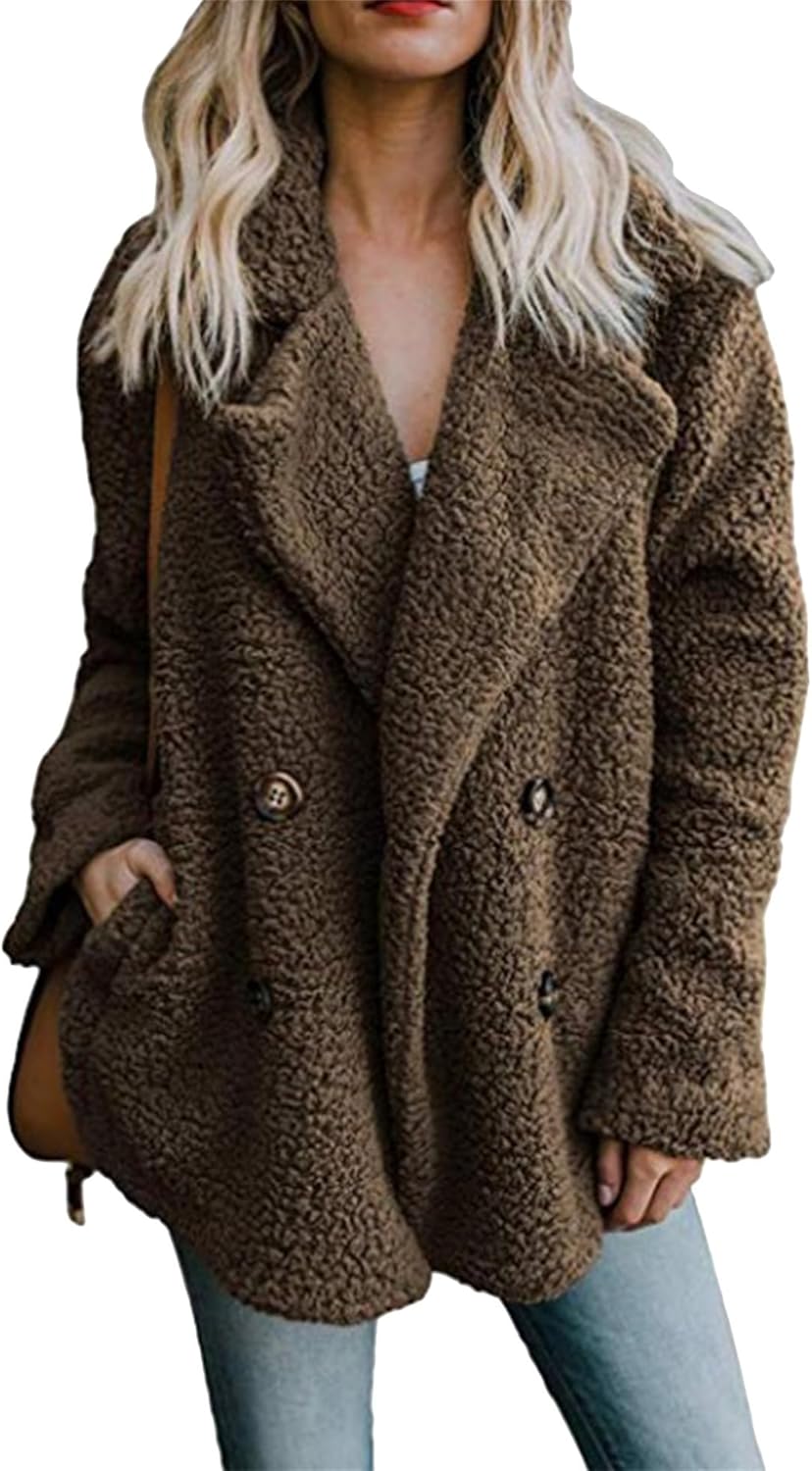GRASWE Women's Winter Long Sleeve Lapel Coat Faux Shearling Shaggy Oversized Jacket With Pockets
