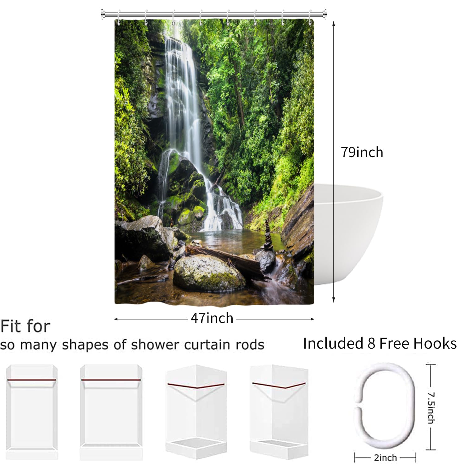 Tenda da doccia foresta 120x200, Hnmdmyi giungla tropicale foresta pluviale verde albero pianta natura paesaggio cascata scenario tenda da bagno impermeabile poliestere tessuto lavabile tenda da bagno