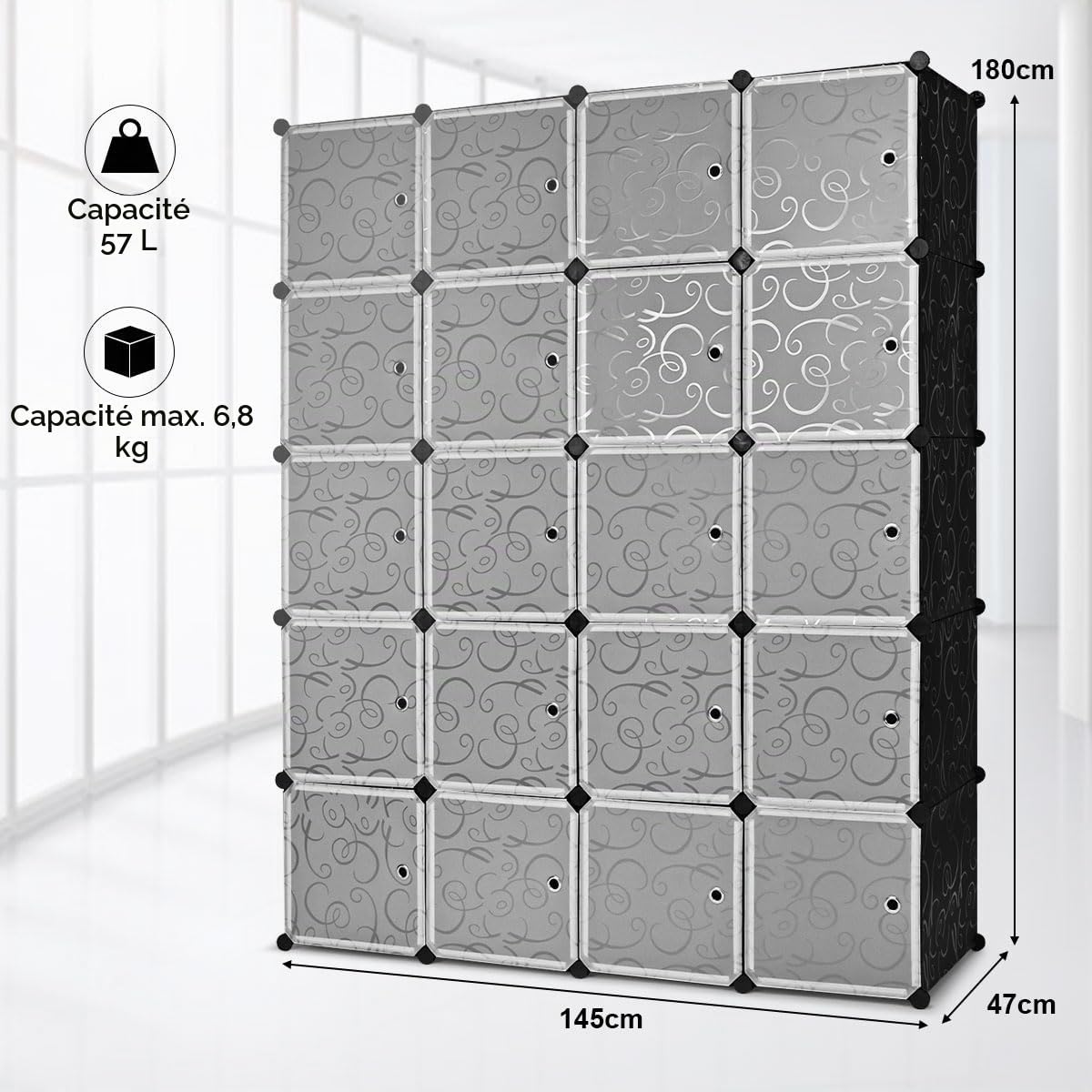 GOPLUS Armoire Penderie Portable, Étagère de Rangement Modulable en Plastique, Bricolées & Empilables avec Portes, Crochets, Dispositif Anti-Renversement pour Chambre (20 Cubes)