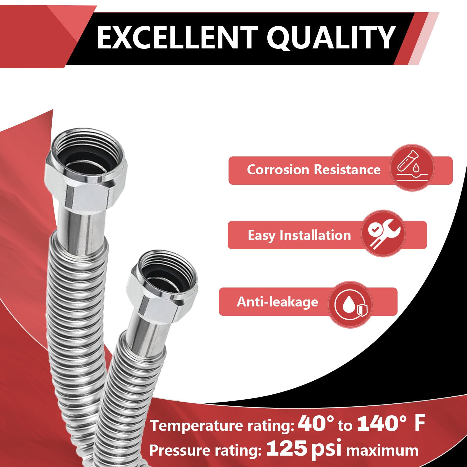 EFIELD - Conector de manguera corrugado flexible de acero inoxidable para calentador de agua, ablandador de agua, 24 pulgadas, 1 pulgada, FIP x 1 pulgada