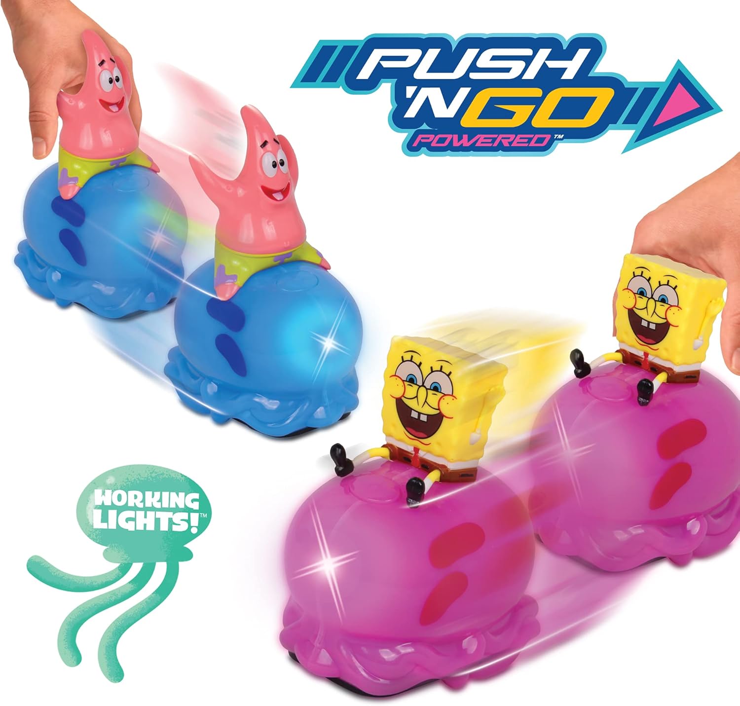 SpongeBob SquarePants Friction Powered Lights & Sounds Jellyfish Racers 2PK Spongebob & Patrick, Light up and Play Sound Effects/Music, Created in Celebration of 20 Years on the air, Great Gift
