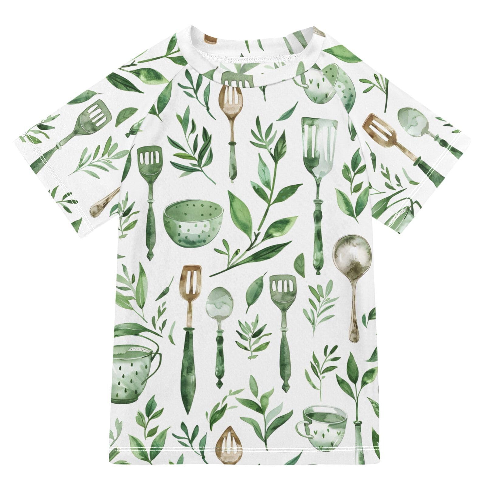 ALAZA Boys Rash Guard Swimming Shirt for Boys Short Sleeve Green Kitchen Utensils UPF 50+ 5-6T