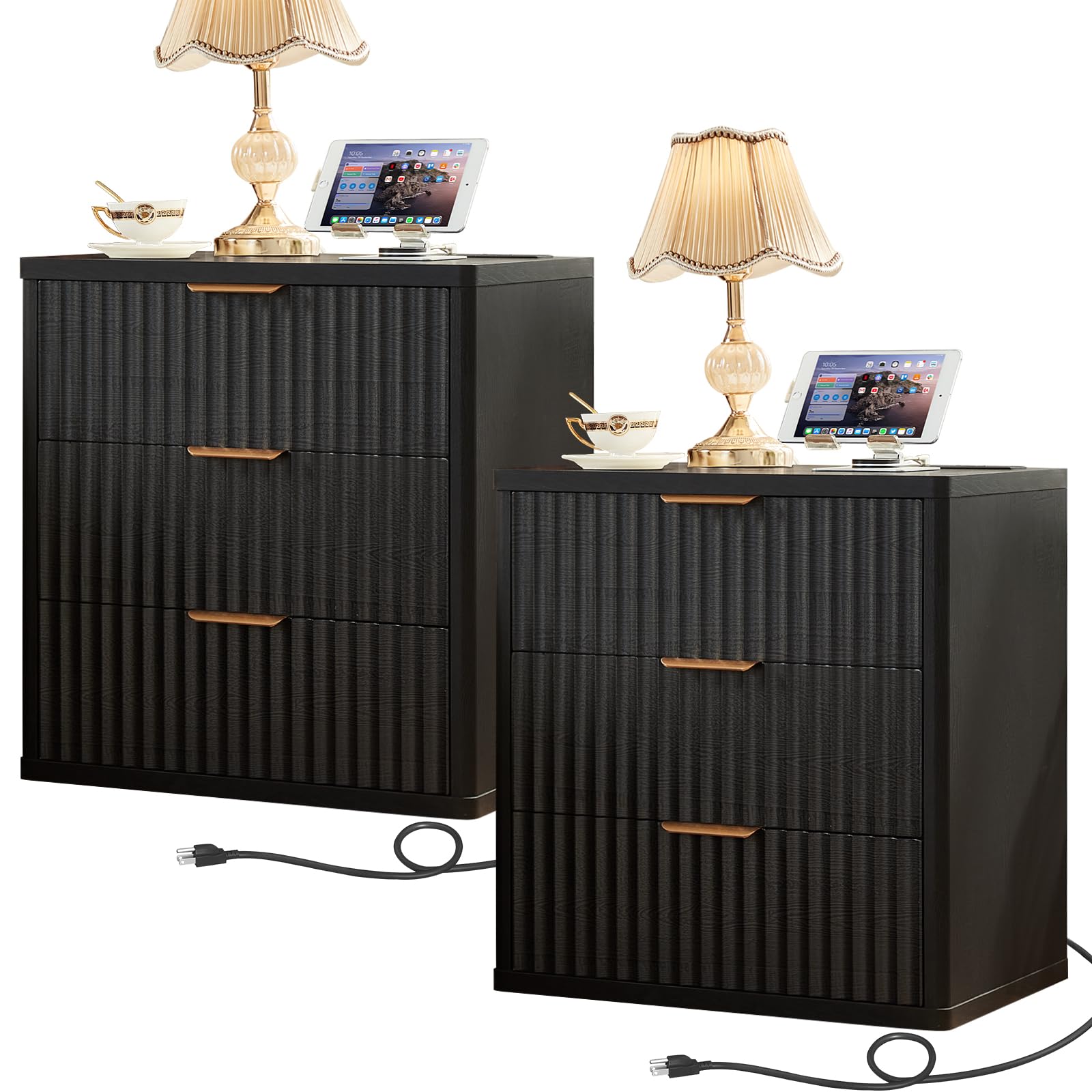 LEYAOYAO 23" Wide Fluted Farmhouse Night Stand Set of 2 with Charging Station, 3 Drawers Large End Table w/Metal Handle,Black Nightstand Bedside Table,Wood Dresser for Bedroom, Closet
