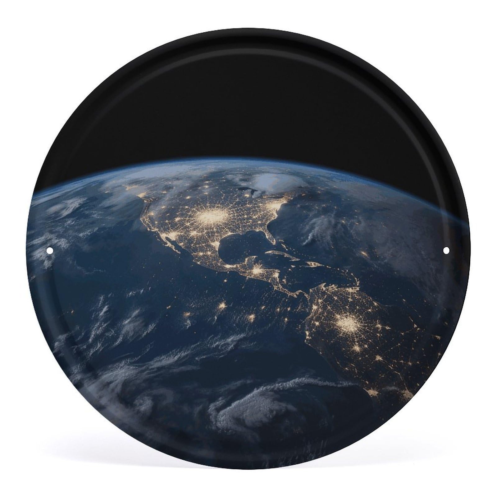 Fodpand Style Earth From The Outer Space Round Wall Art Hanging Decorations, Wall Decor Modern Minimalist Artwork, Tin Sign Hanging Picture For Living Room, Bedroom, Office, Hallway, 11.8X11.8 Inch