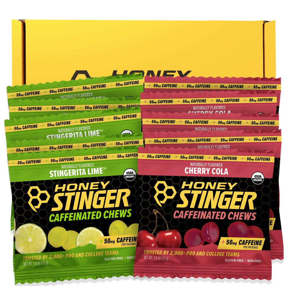 Honey Stinger Organic Caffeinated Energy Chew Variety Pack of 12, 6 Packs Each of Cherry Cola &amp; Stingerita Lime, Gluten Free, for Exercise, Endurance &amp; Performance, Sports Nutrition for Home &amp; Gym
