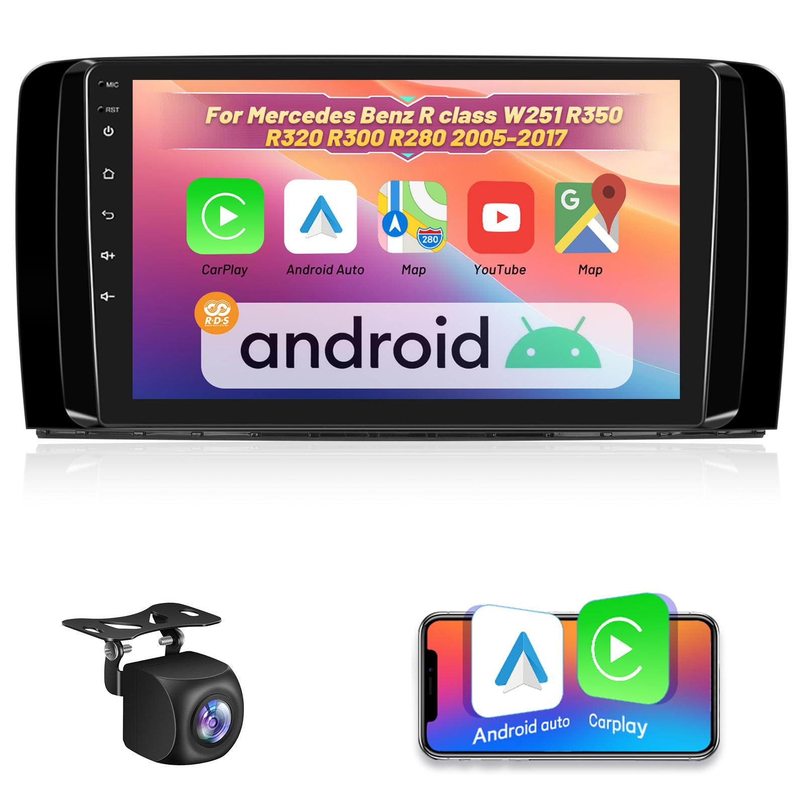 Photo 1 of ** NOT FUNCTIONAL ***08/01 SOLD FOR PARTS // FINAL SALE ***2+64G Android Car Stereo for Mercedes Benz R Class W251 R350 R320 R300 R280 2005-2017 with Carplay & Android Auto - 9 Inch Touchscreen Radio with WiFi, GPS Navigation, EQ, SWC + AHD Backup Camera