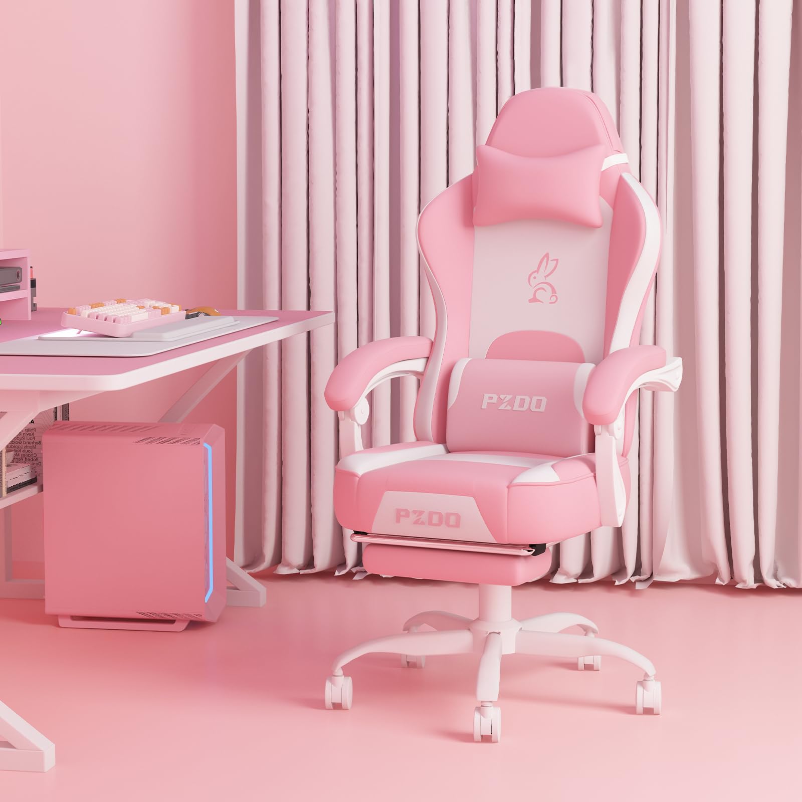 PZDO Silla Gaming Rosa con Decoración Extraíble, Tapizada Silla de Escritorio Silla de Oficina Silla de Ordenador PC con Reposapiés, Adolescente, Niña, Adulto, Regalo (Rosa-Blanco) Global Recycled Standard Global Recycled Standard Global Recycled Standard