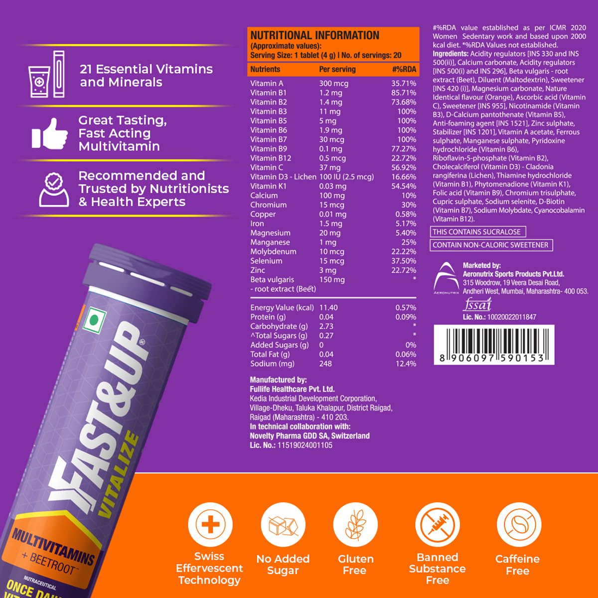 Fast&Up - Vitalize - Daily Multivitamins 21 Fast-Acting Vitamins & Minerals, with Vit C, D, and Iron for Immunity, Energy & Heart Health | Suitable for both, Men & Women, Pack of 20 — Amazon image 6