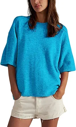 Yeokou Women Sweater Tee Casual Crewneck Short Sleeve Pullover Top Ribbed Knit Loose Shirt
