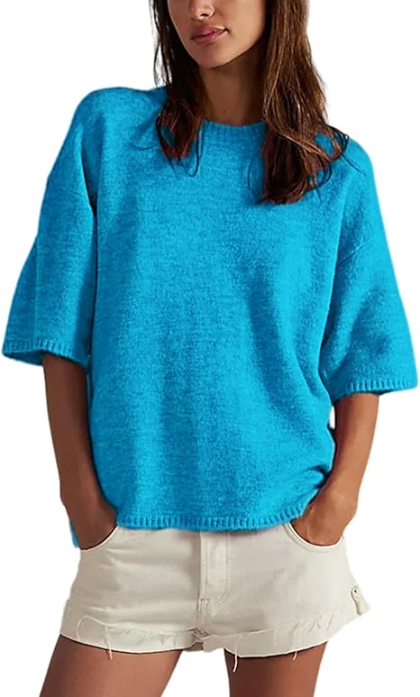 Yeokou Women Sweater Tee Casual Crewneck Short Sleeve Pullover Top Ribbed Knit Loose Shirt