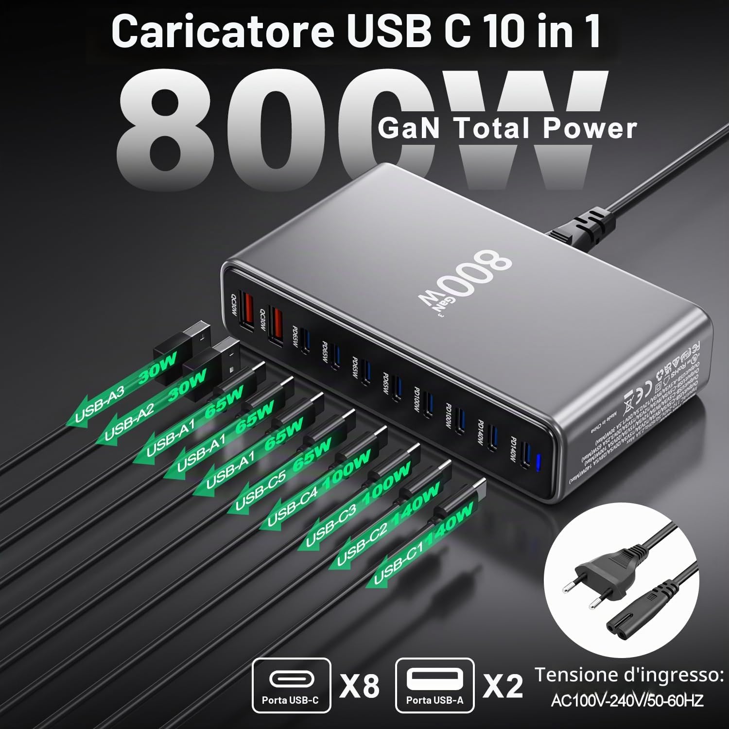Caricatore USB C da 800 W, GaN a 10 porte caricatore rapido caricatore PD compatibile con MacBook Pro/Air/Dell/iPhone/Galaxy/Laptop/Tablet/Mobile