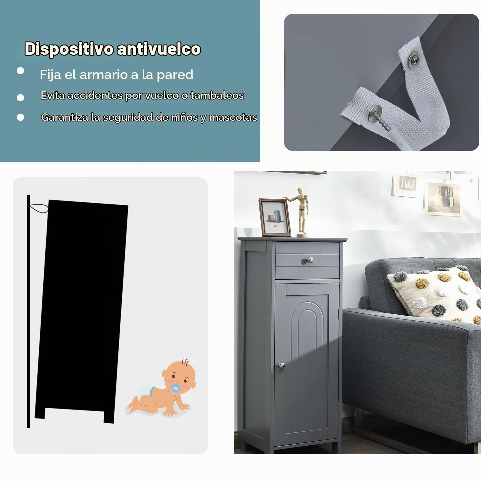 LIFEZEAL Mueble de baño Independiente, Armario Suelo de MDF con cajón y estantes Ajustables, 35,5 x 30,5 x 88cm, Mueble Organizador para salón, Cocina y Pasillo (Gris)