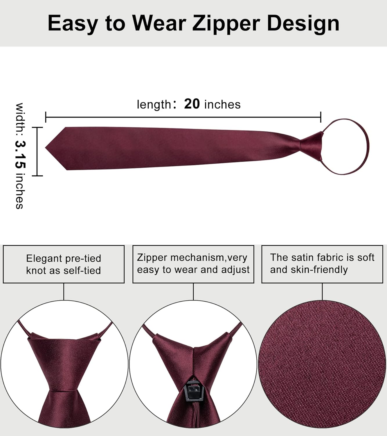 Zipper Tie for Men Adjustable Pre-tied Satin Neckties and Pocket Square Set Solid Color Business Formal Wedding - Image 3