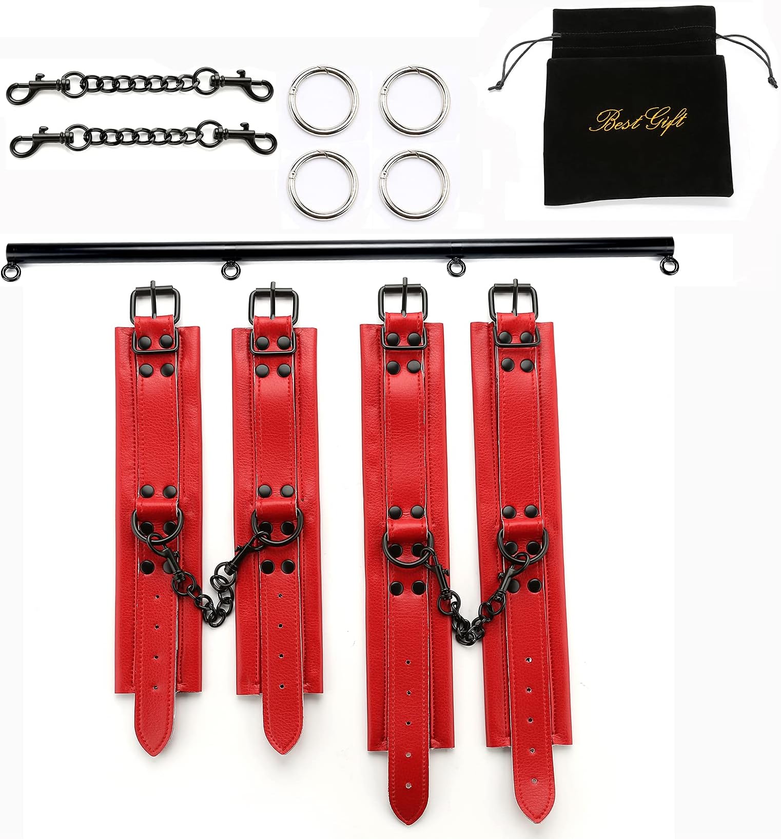 EXREIZST Expandable 3 in 1 Spreader Bar Set with Bag and 4 Soft Leather Straps Set Adjustable Home Yoga Bar Kit, Black and Red