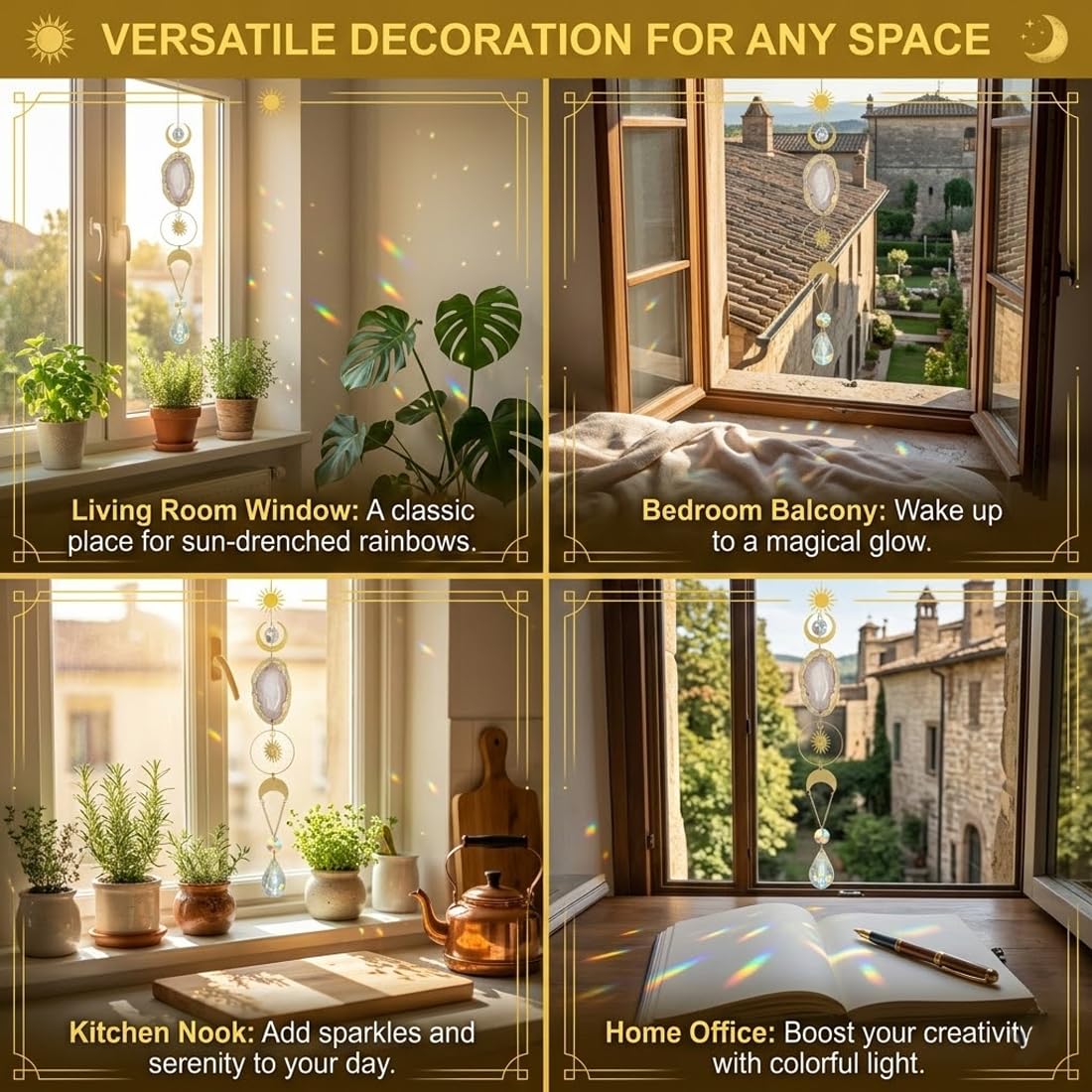 1 Acchiappasole in agata a forma di luna e sole, con effetto riflettente, adatto per finestre, camere da letto, soggiorni, balconi, giardini, feste, matrimoni