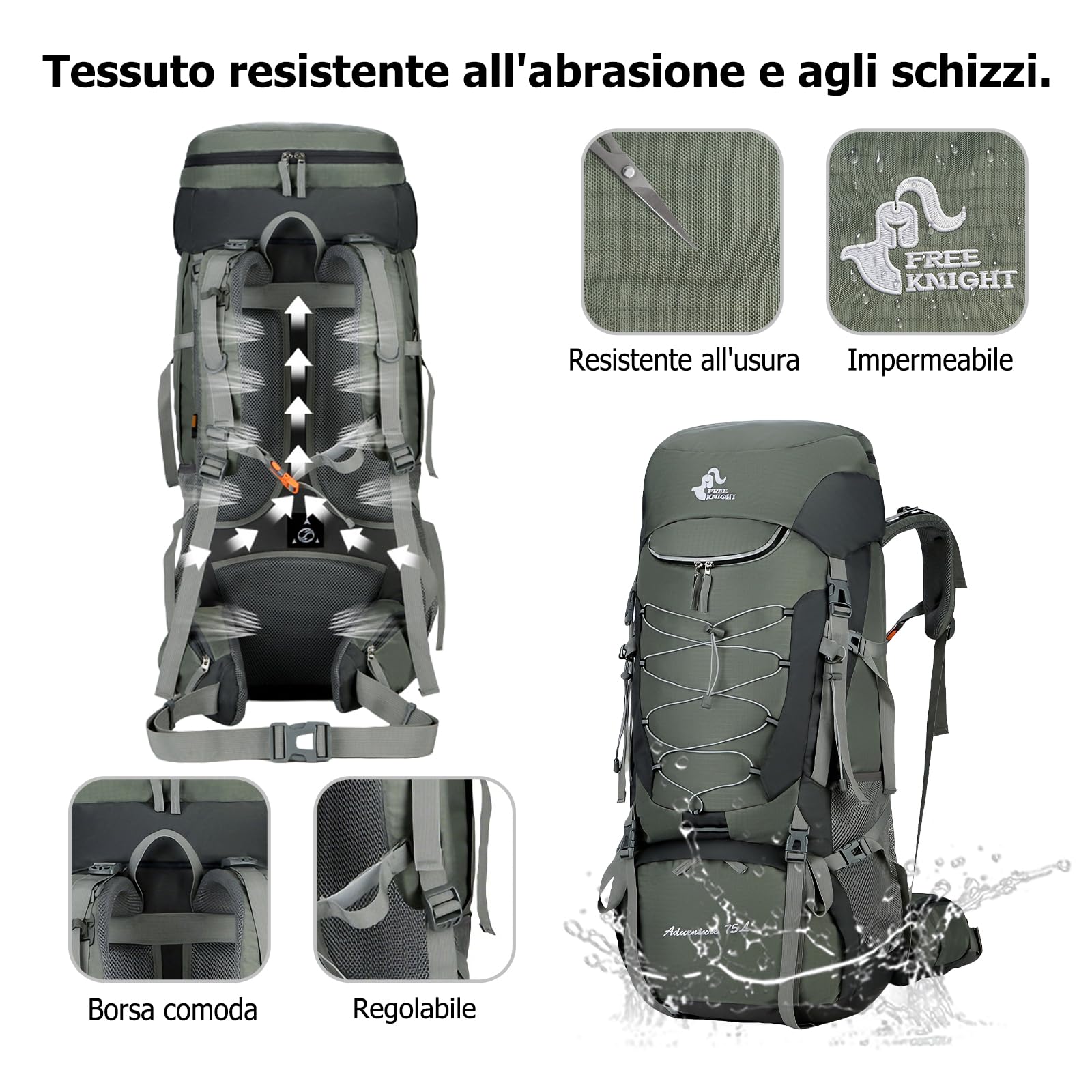 75L Zaino da Trekking Zaino Grande Zaini Resistente con Copertura per la Pioggia Donna Uomo Backpack per Escursionismo Campeggio Arrampicata Viaggio Nero