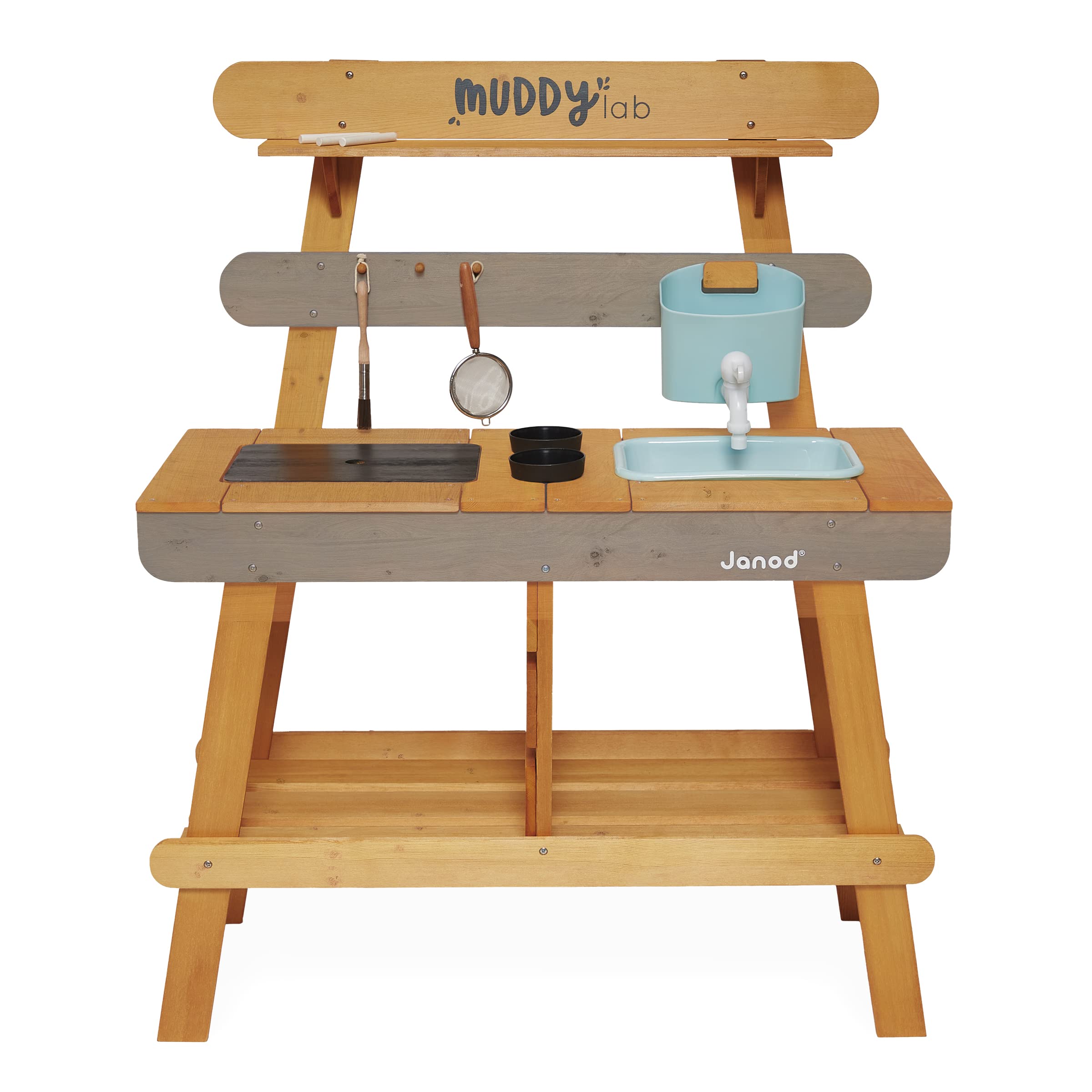 Janod - Muddy Lab - Kinderküche für draußen aus FSC-Holz - 10 Utensilien - Rollenspielzeug - Outdoor-Kinderspiel - Ab 3 Jahre, J06632