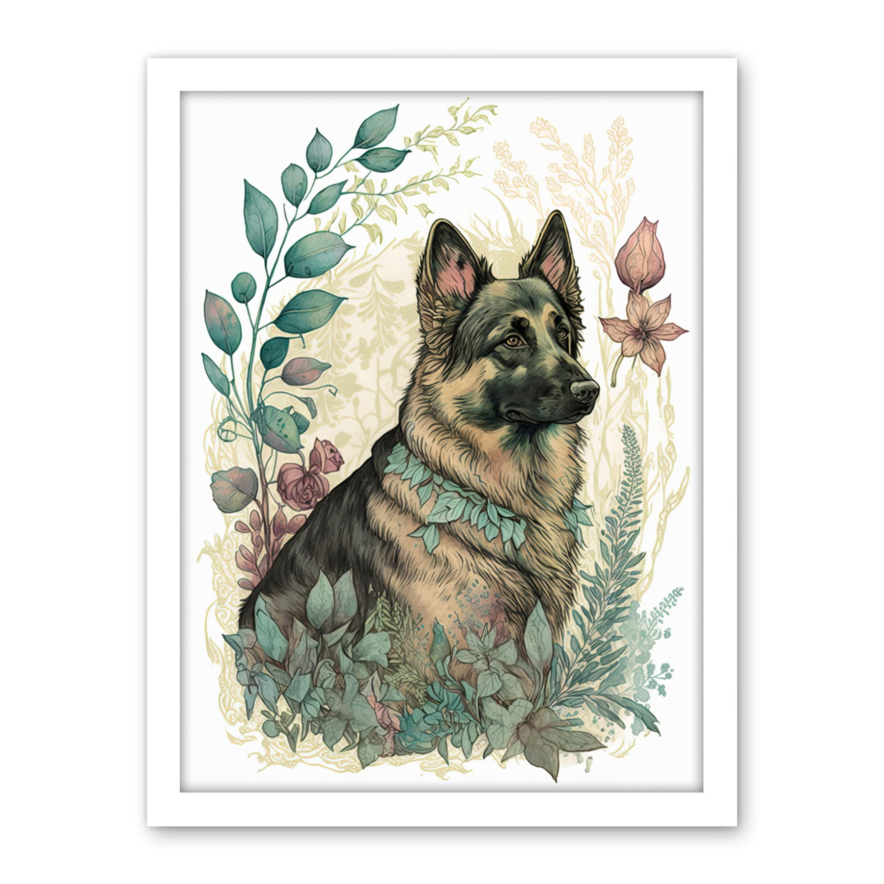 Artery8 German Shepherd Dog with a Leaf Collar Spring Field Boho Pastel Watercolour Illustration Artwork Framed Wall Art Print 18X24 Inch