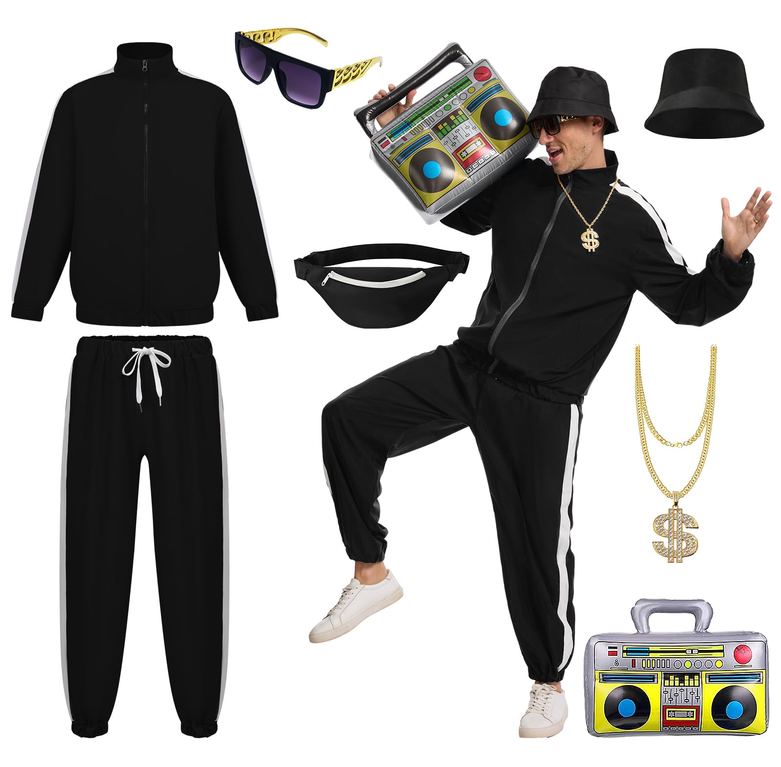 JDFAIJEAL Hiphop Costume Set for Men, Black Tracksuit with Hat, Glasses, Gold Round Necklace, Fanny Pack & Boombox Balloon
