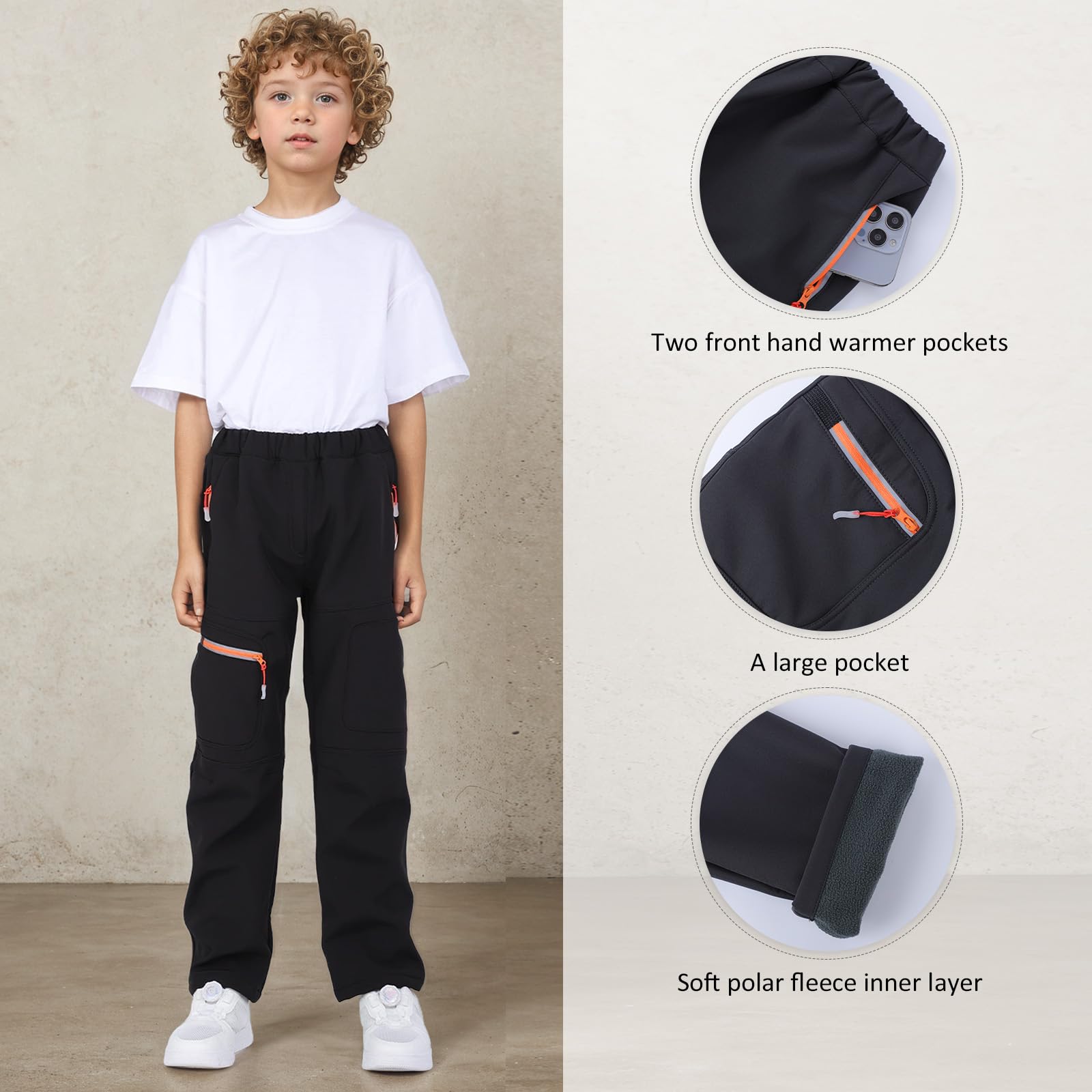 BWBIKE Kids Pantalones Cortavientos Impermeables para Nieve para Niño Forro Polar para Jóvenes al Aire Libre Lind Hiking Softshell Pantalones Cálidos con Aislamiento con 4 Bolsillos con Cremallera