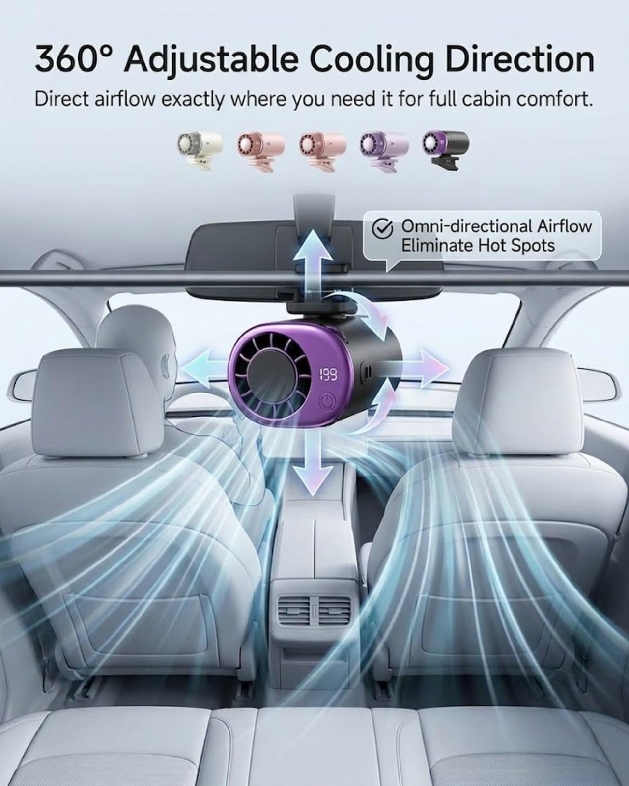 Ventola per condizionatore d'aria 2026 con clip per auto, con display a LED, mini sistema di raffreddamento portatile per auto, gadget alimentato a batteria ricaricabile tramite USB, rotazione a 360°