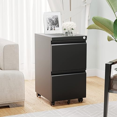 Miniatura 6 de AFAIF Archivador de 2 cajones con cerradura, archivadores verticales enrollables para oficina en casa, pequeño archivador de metal para debajo del