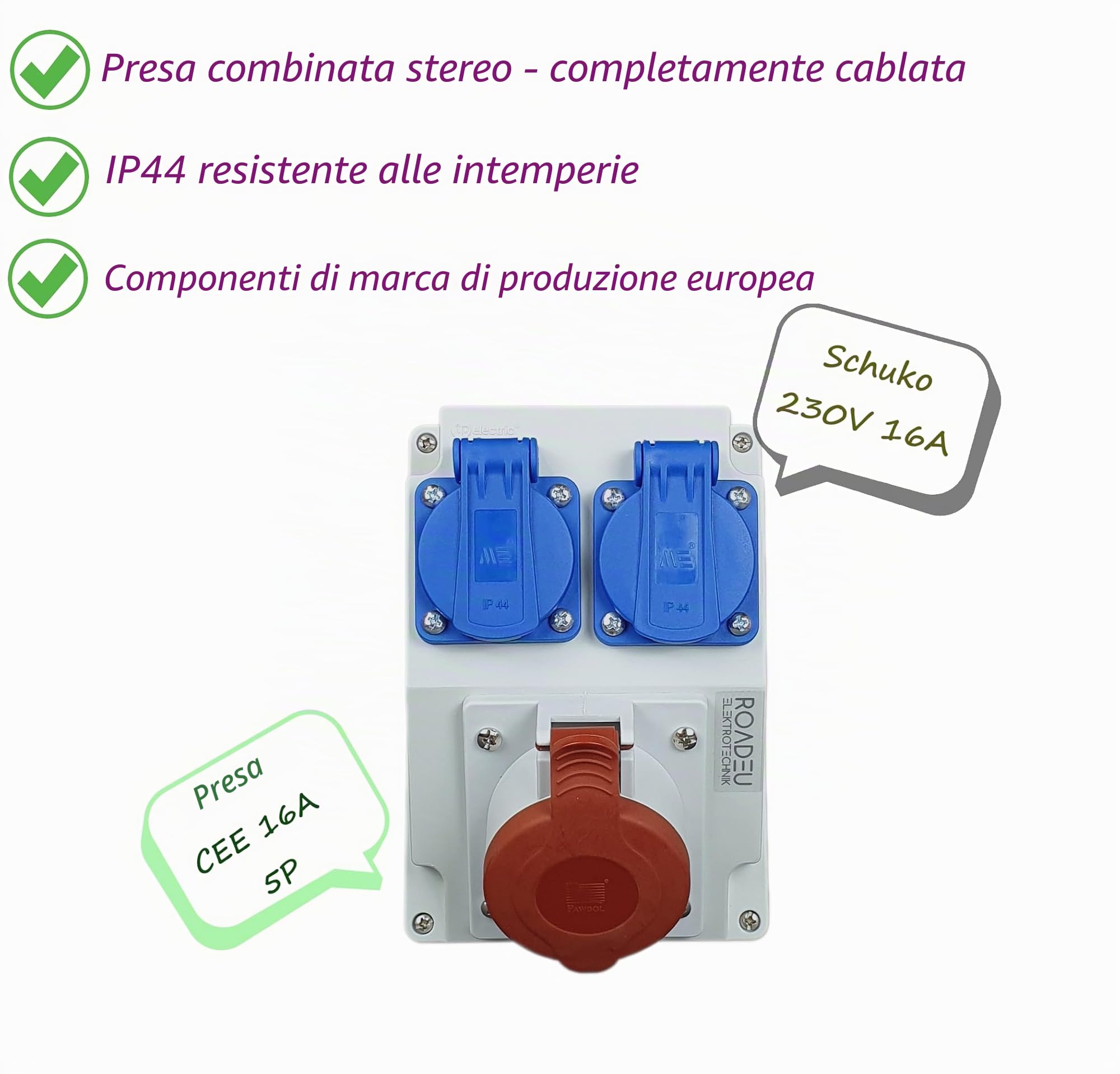 RoadEu - Presa Industriale da Parete Combinata CEE 16A - 2x Prese 230V - Distributore di Corrente IP44 per Interni ed Esterni - Quadro Elettrico 16A per Cantieri