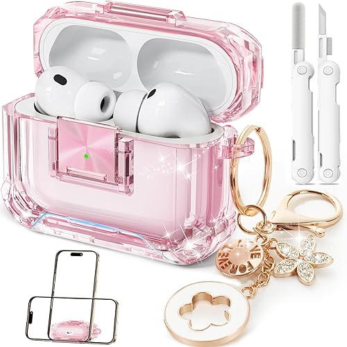 with Safety Lock,Soft TPU Clear Case with Cute Bling Keychain and Cleaner kit for Women Girls