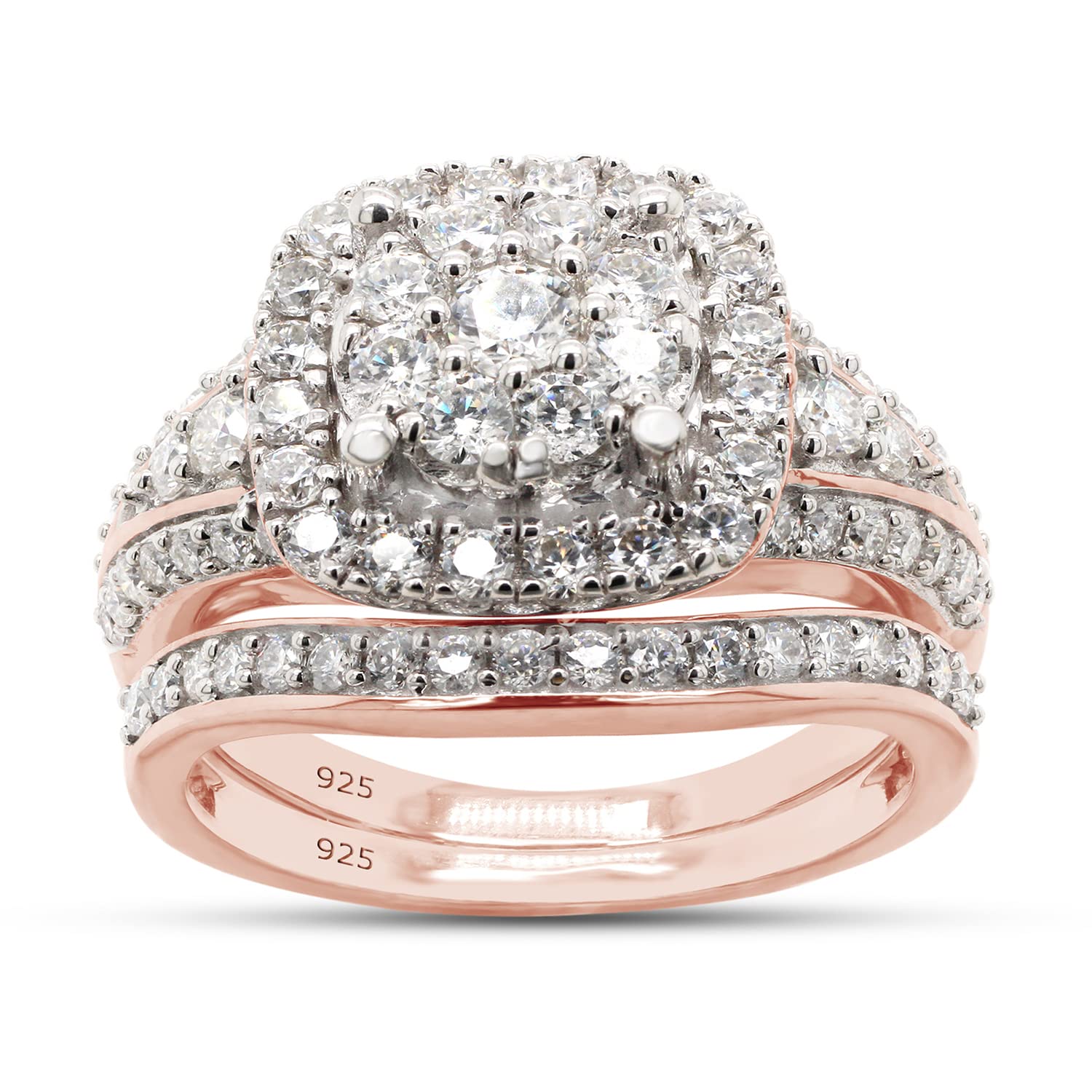 SAVEARTH DIAMONDS1 1/4 CTTW Round Cut Lab Created Moissanite Diamond Double Halo Bridal Engagement Ring Set with Matching Band In 14k Gold Over Sterling Silver (VVS1 Clarity, 1.25 Cttw)