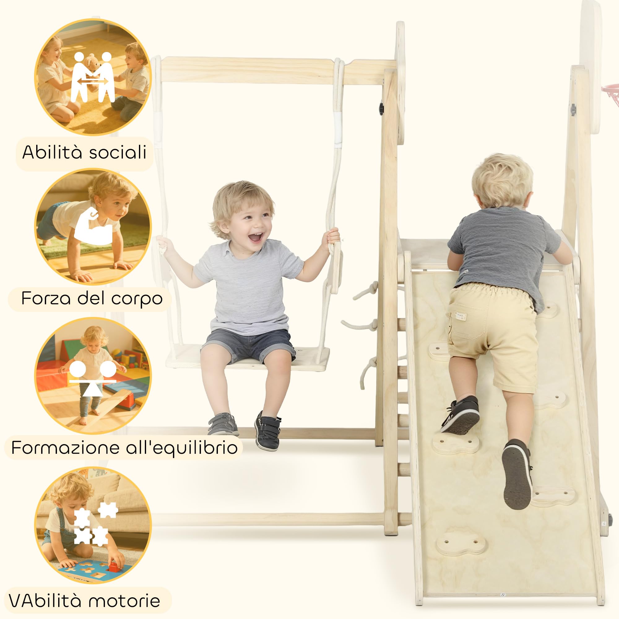 AIYAPLAY Struttura da Arrampicata per Bambini 5 in 1, Parco Giochi in Legno con Scivolo, Pannello e Rete da Arrampicata, Altalena e Canestro, Gioco Montessori Educativi Pieghevole da Interno, 3-6 Anni