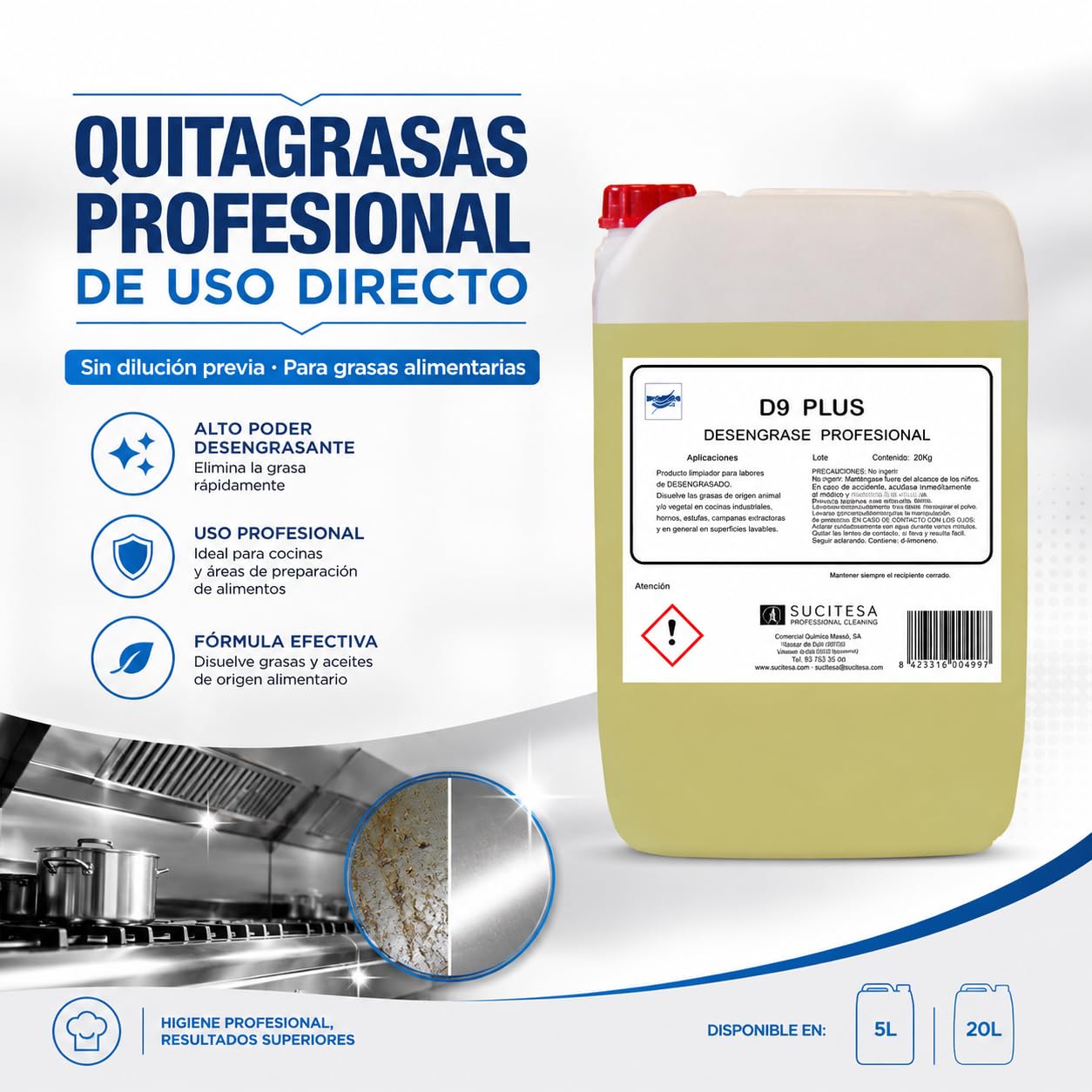 D9-PLUS Quitagrasas Profesional 20 L, Uso Directo, Desengrasante Enérgico para Filtros de Campana, Planchas, Superficies, Suelos y Grasas Alimentarias.