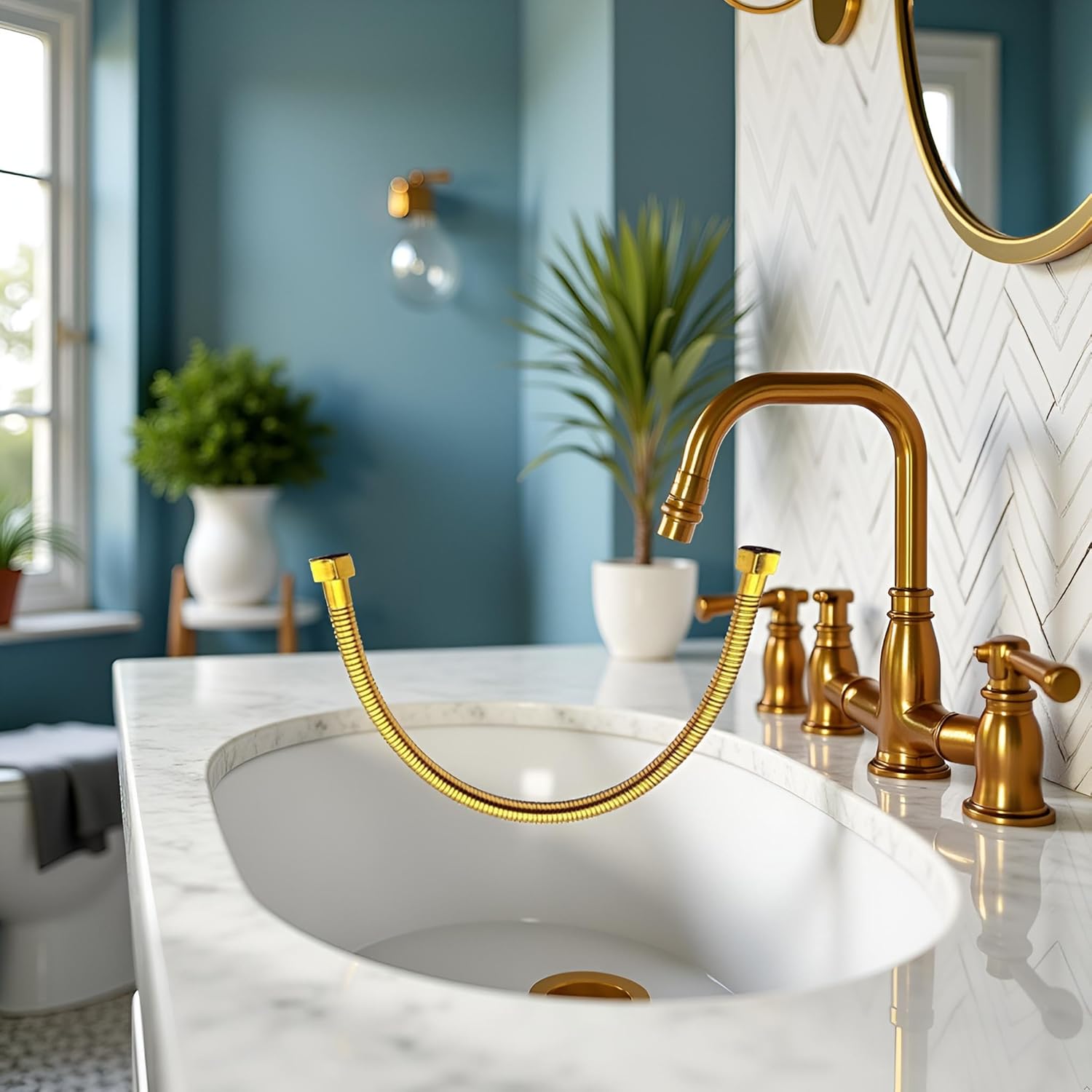 Gold Plumbing Pipe, Plumbing Hose 1/2 Angle Valve Connector, Stainless Steel Gold Toilet Hose for Bathroom,Pipe Fittings Accessories,Fittings Length 50cm