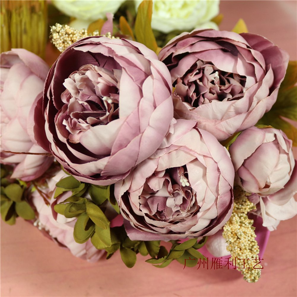 Bouquet Di Fiori Artificiali In Seta - Peonie Vintage Rosa Scuro, Rosa E Bianco Con Nastri E Biglietto - 5