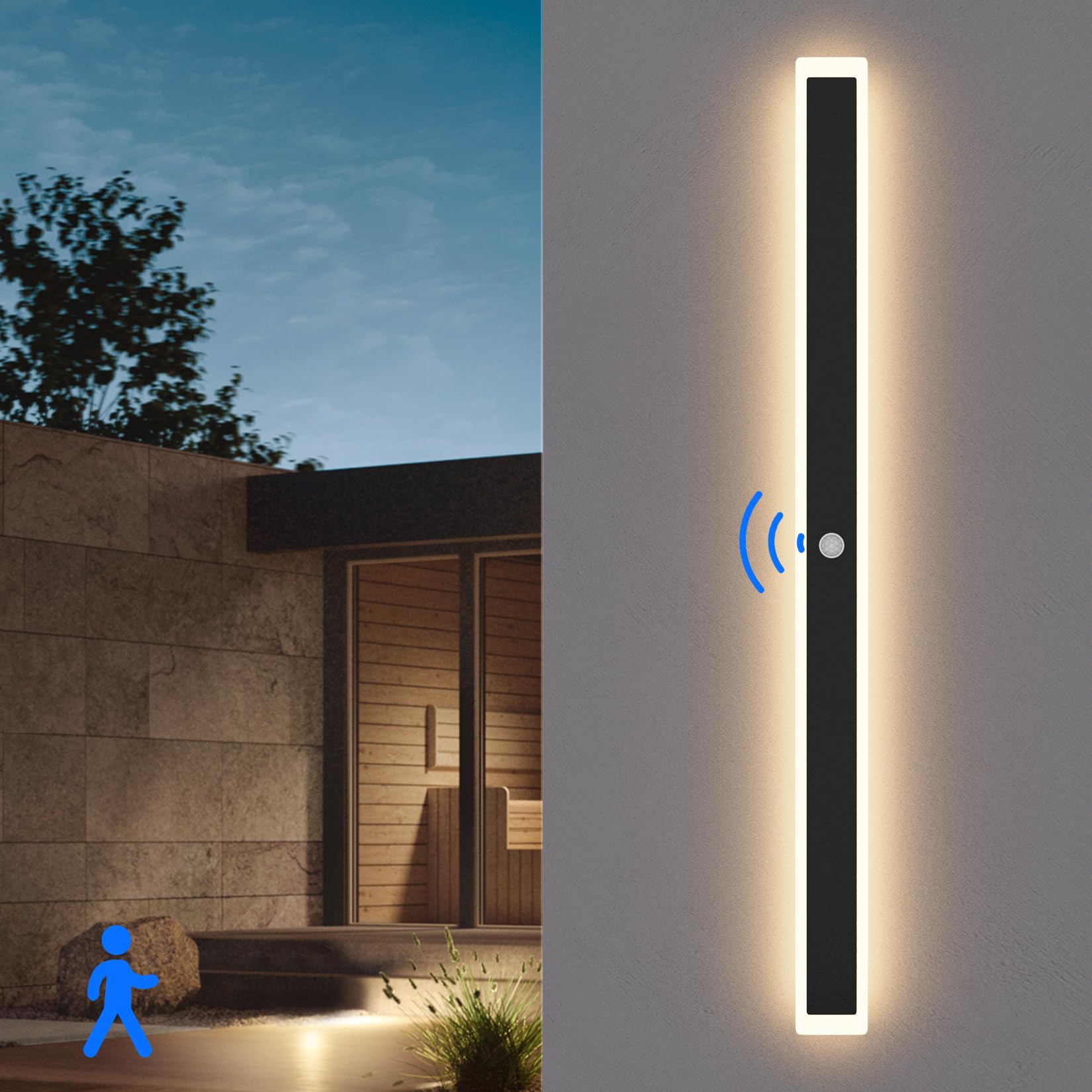 Klighten LED Lange Wandleuchte Außen/Innen Wandlampe, 120CM/35W Außenwandleuchte mit Bewegungsmelder, IP65 Außenlampe Edelstahl+Acryl, Außenleuchte für Villa/Terasse, Warmweiß 3000K, Schwarz