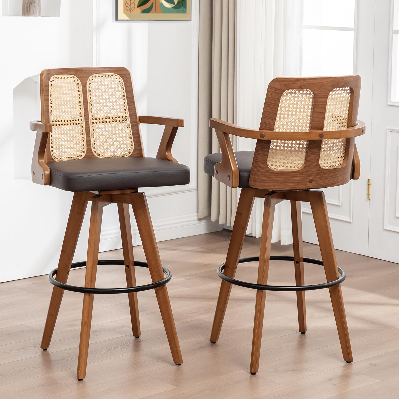 Counter Height Bar Stools Set of 2 - 26 inch Kitchen Island Stools with Rattan Back, Curved Arms, Walnut Craftsmanship,Faux Leather, Swivel CounterStools for Kitchen/Island (27" Seat Height, Brown)